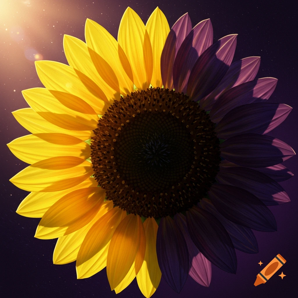 A sunflower split vertically, half bright yellow in light, half dark purple in shadow.