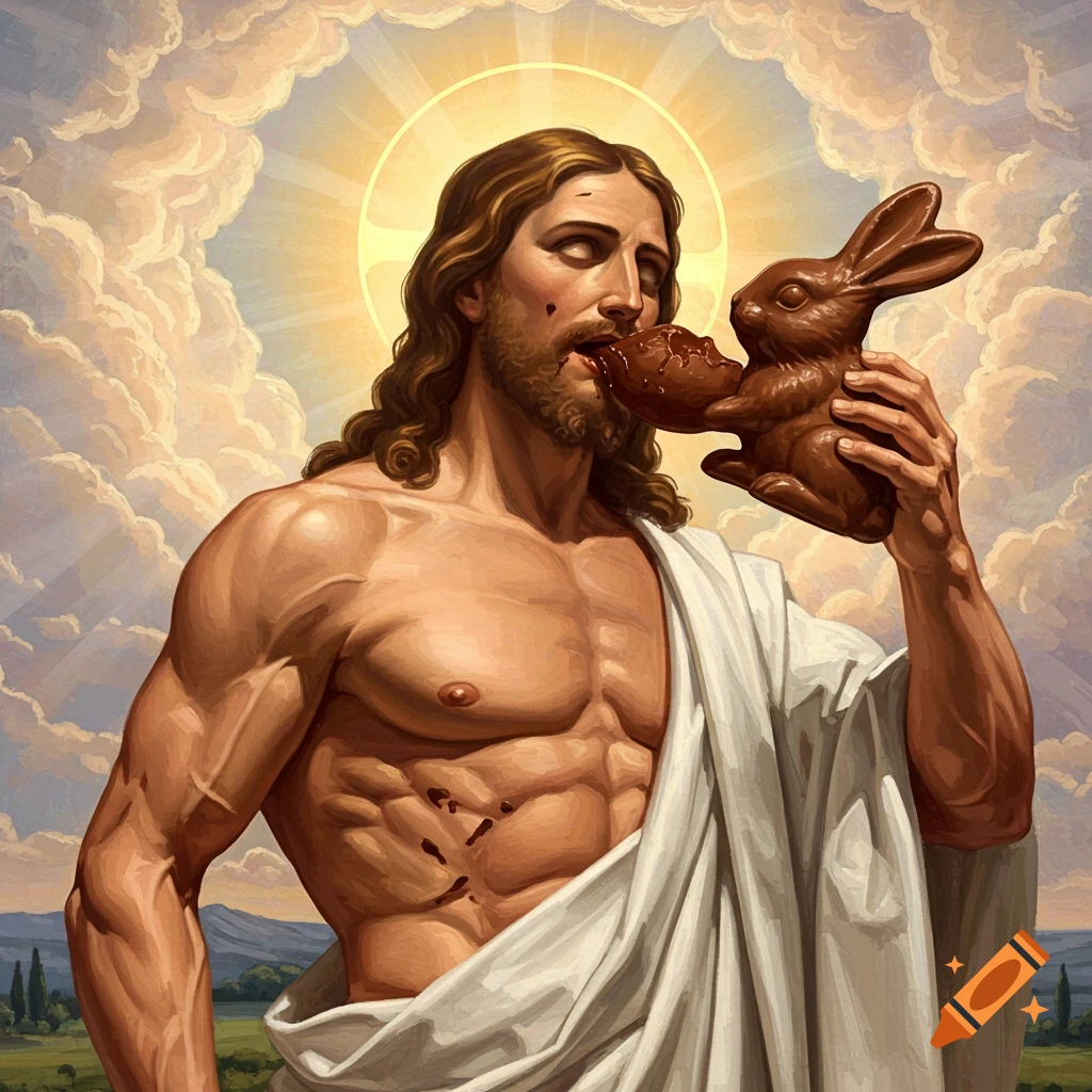 Muscular Jesus eating a chocolate bunny under radiant clouds.