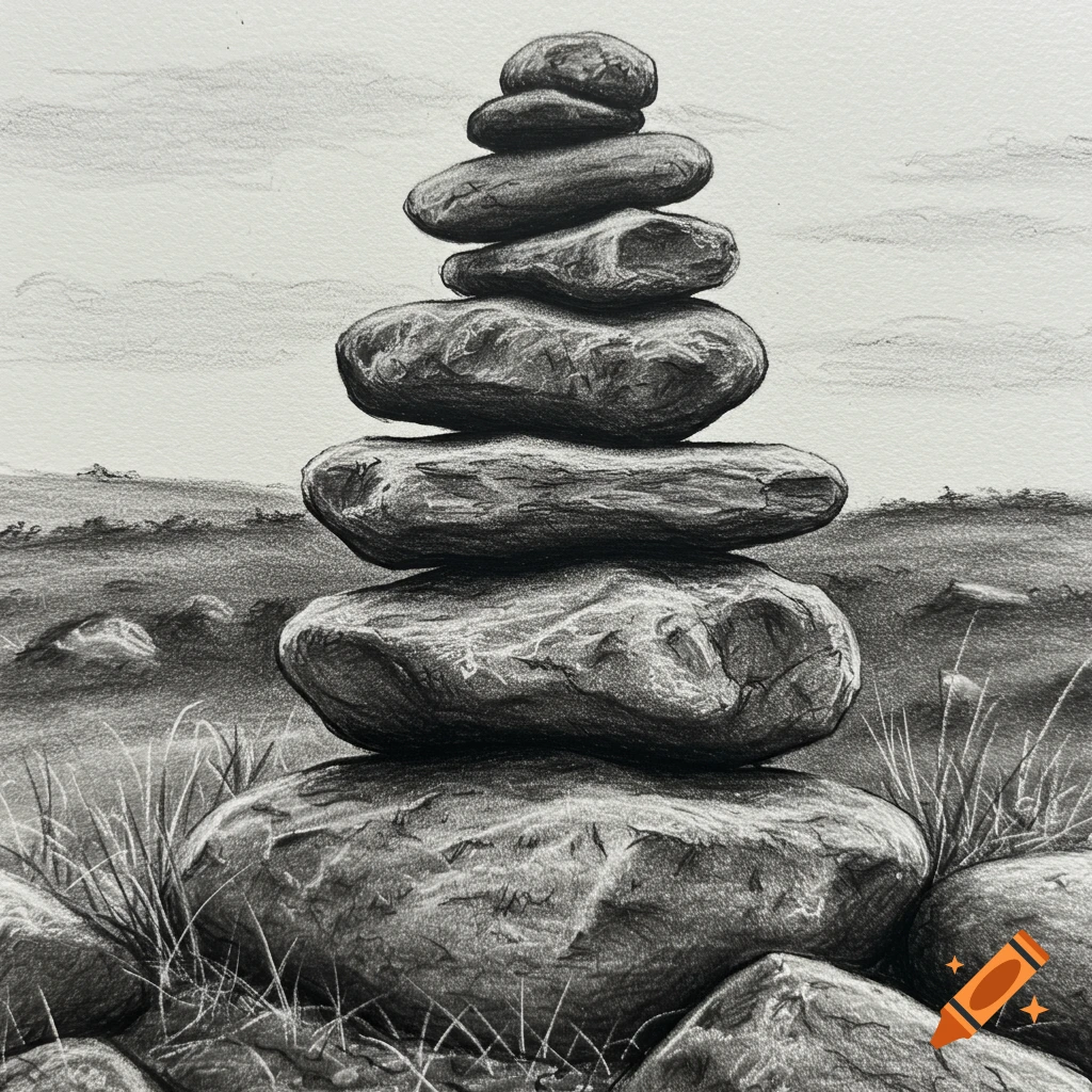 Charcoal drawing of a stack of rocks in a natural landscape.