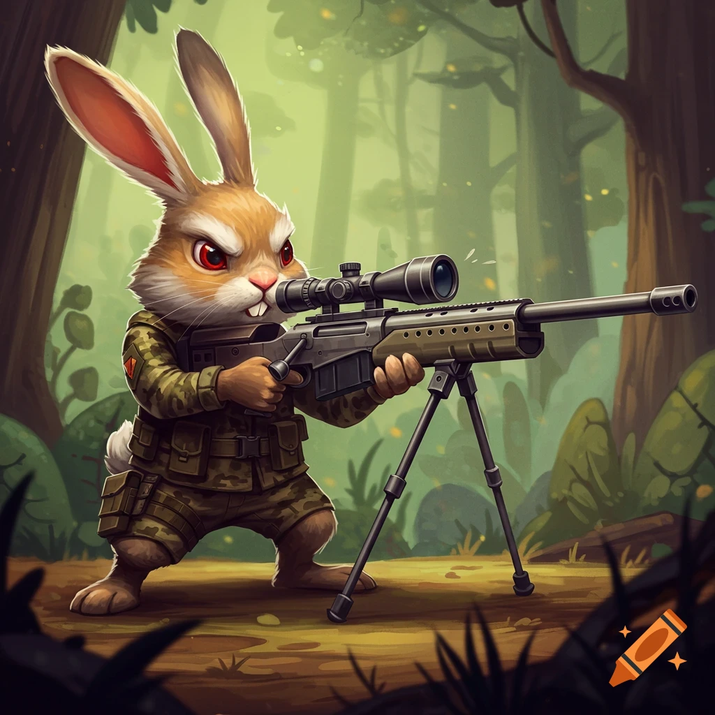 Cartoon bunny in camouflage aims a large sniper rifle in a forest.