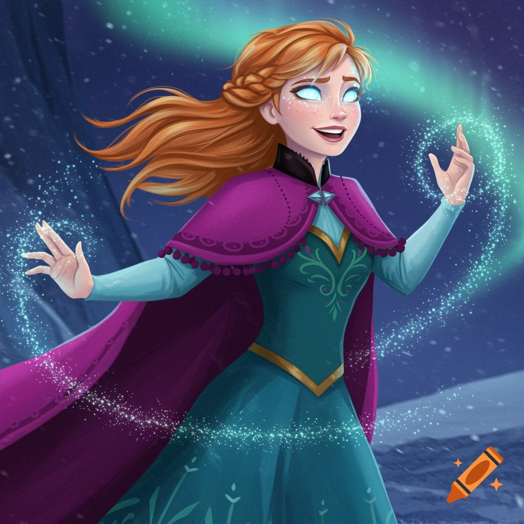 Anna from Frozen casting magic with glowing eyes and an aurora.