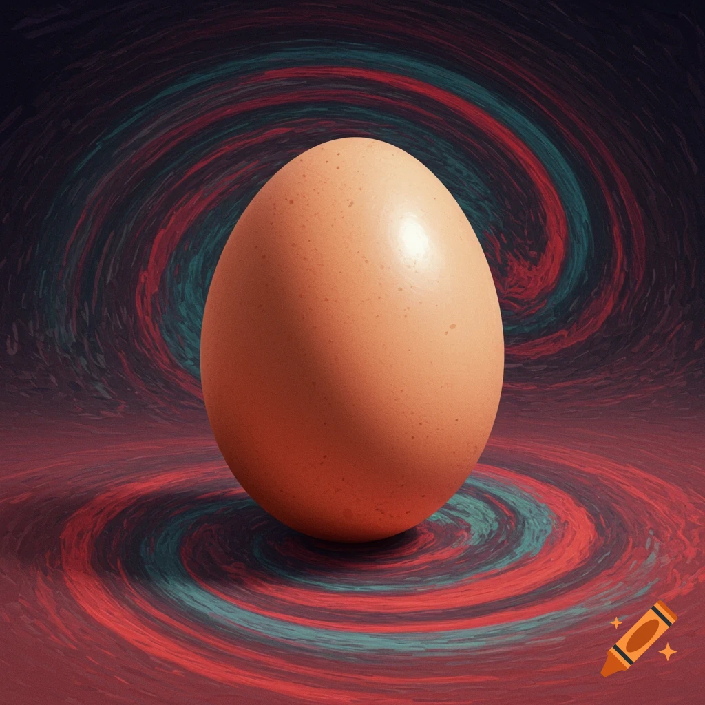 A single egg on a swirling red and teal background.