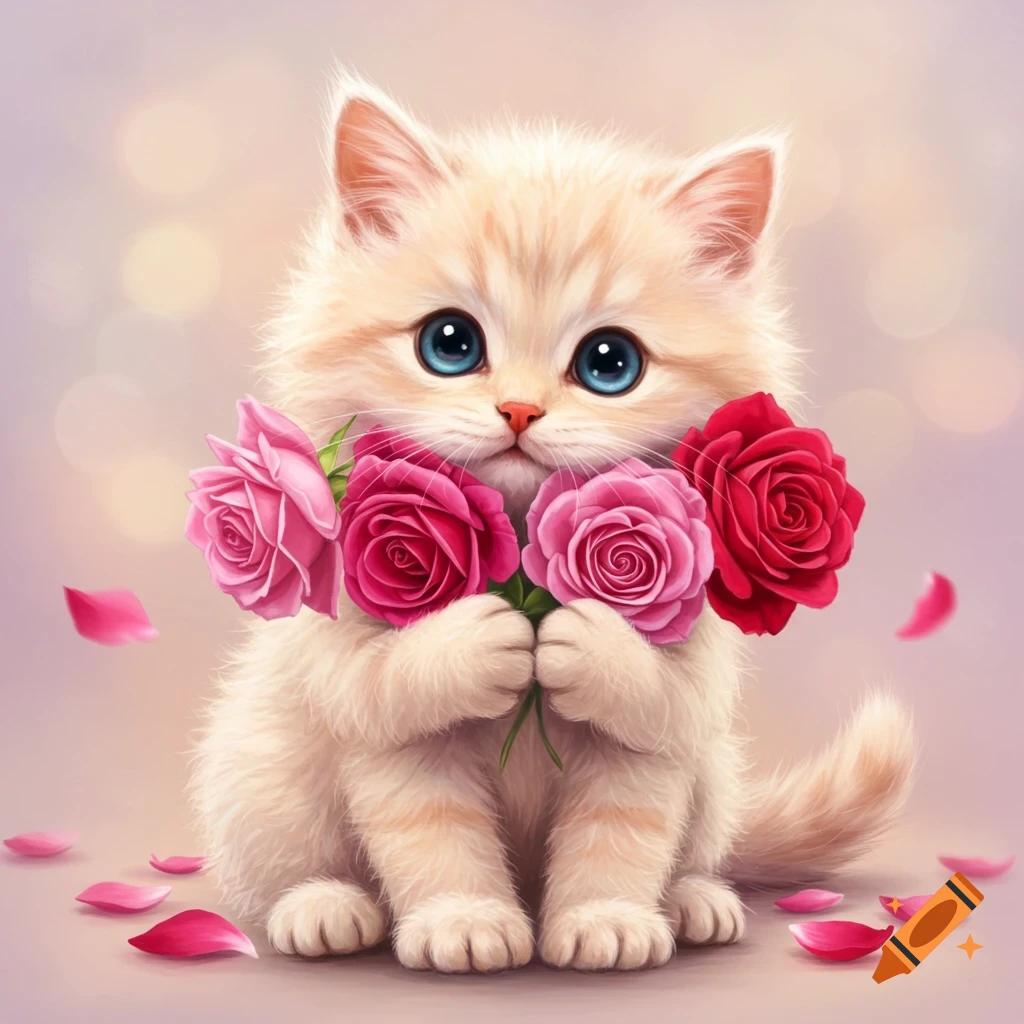 Cute kitten holding pink and red roses