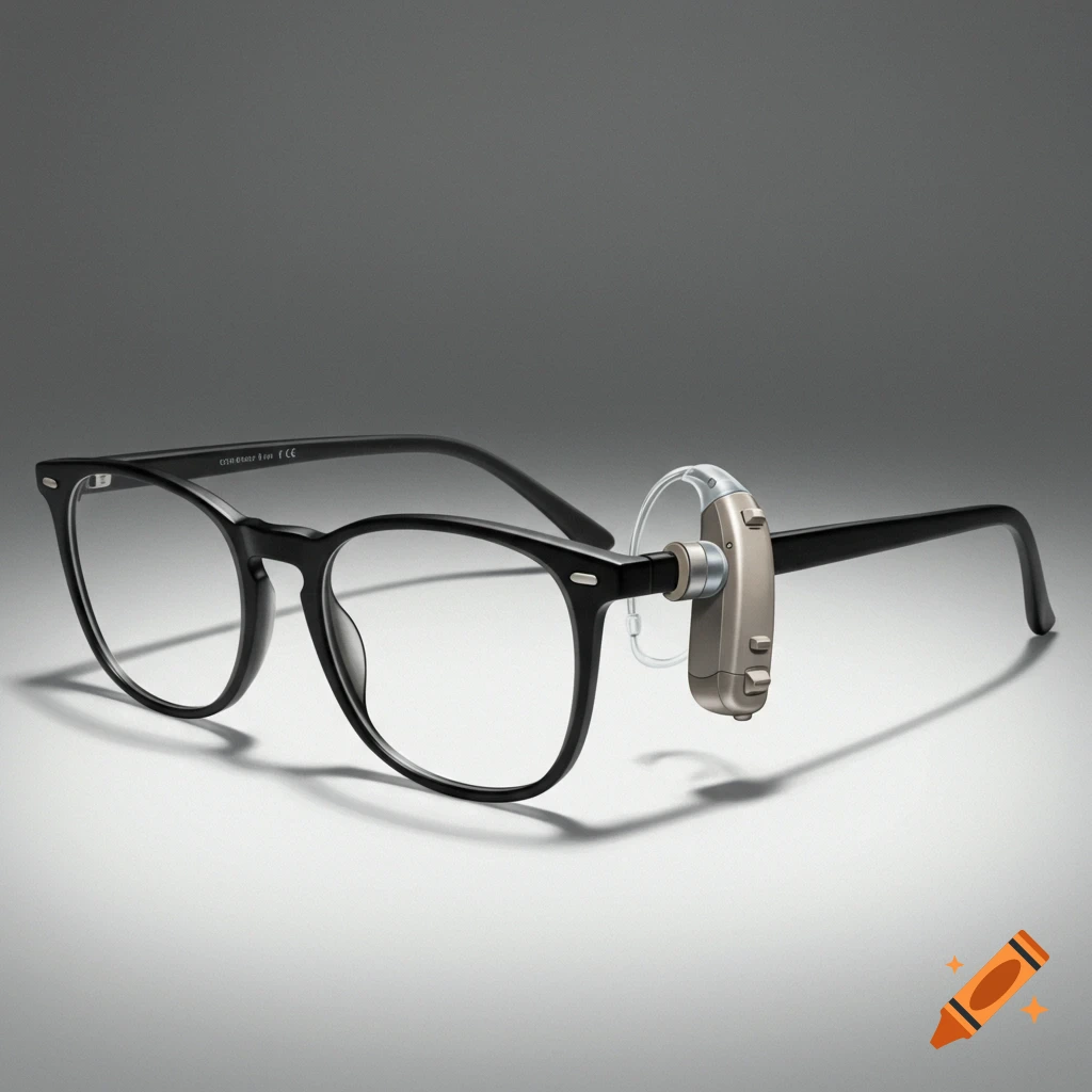 Black rimmed glasses with a beige hearing aid attached, on a gray background. Photorealistic style.