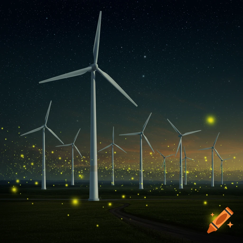 Wind turbines and glowing fireflies in a field at night.