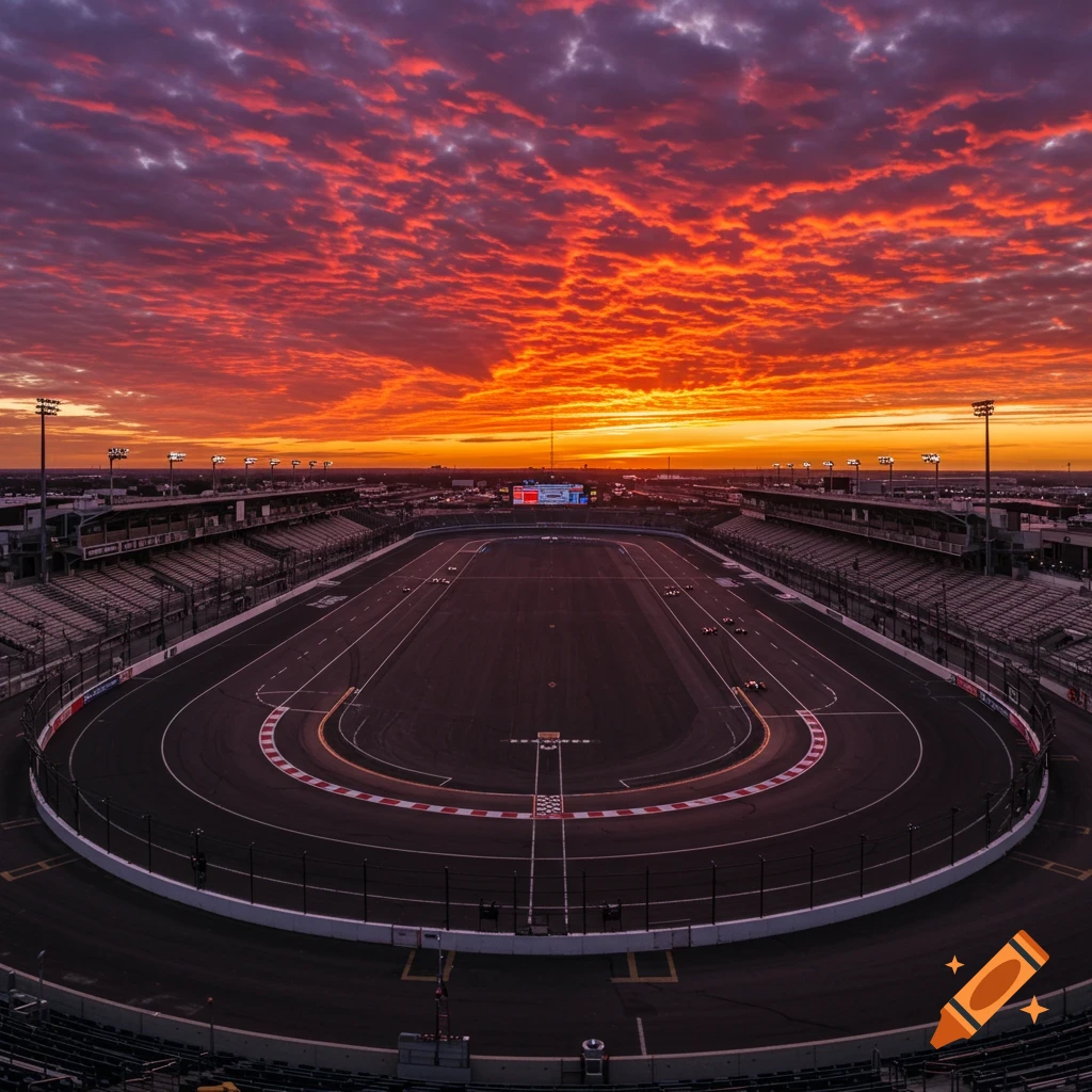 Aerial view of a racetrack under a dramatic red and orange sunset sky.