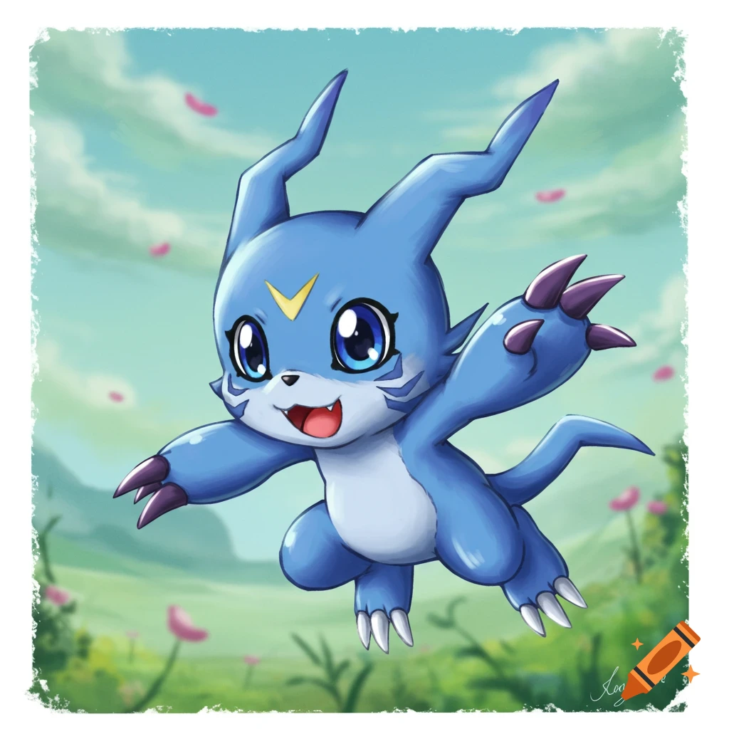 Blue Digimon Veemon flying happily in a field with pink petals.