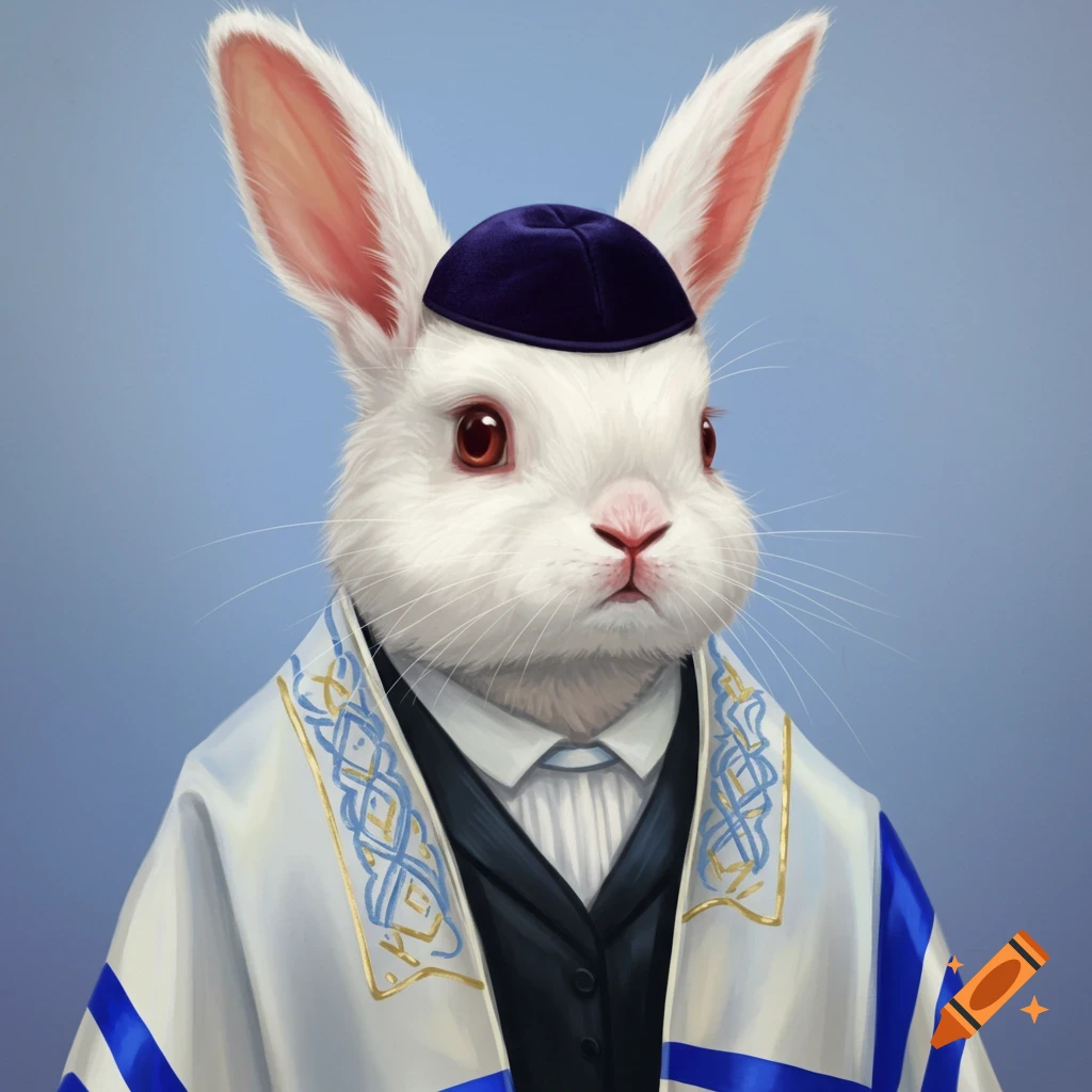 A white bunny wearing a yarmulke and tallit.