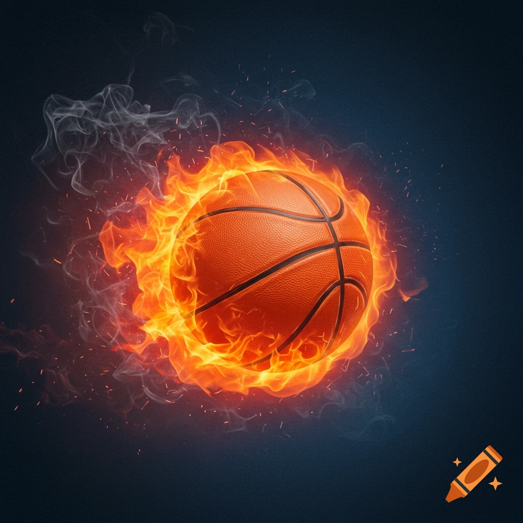A basketball engulfed in flames against a dark background.