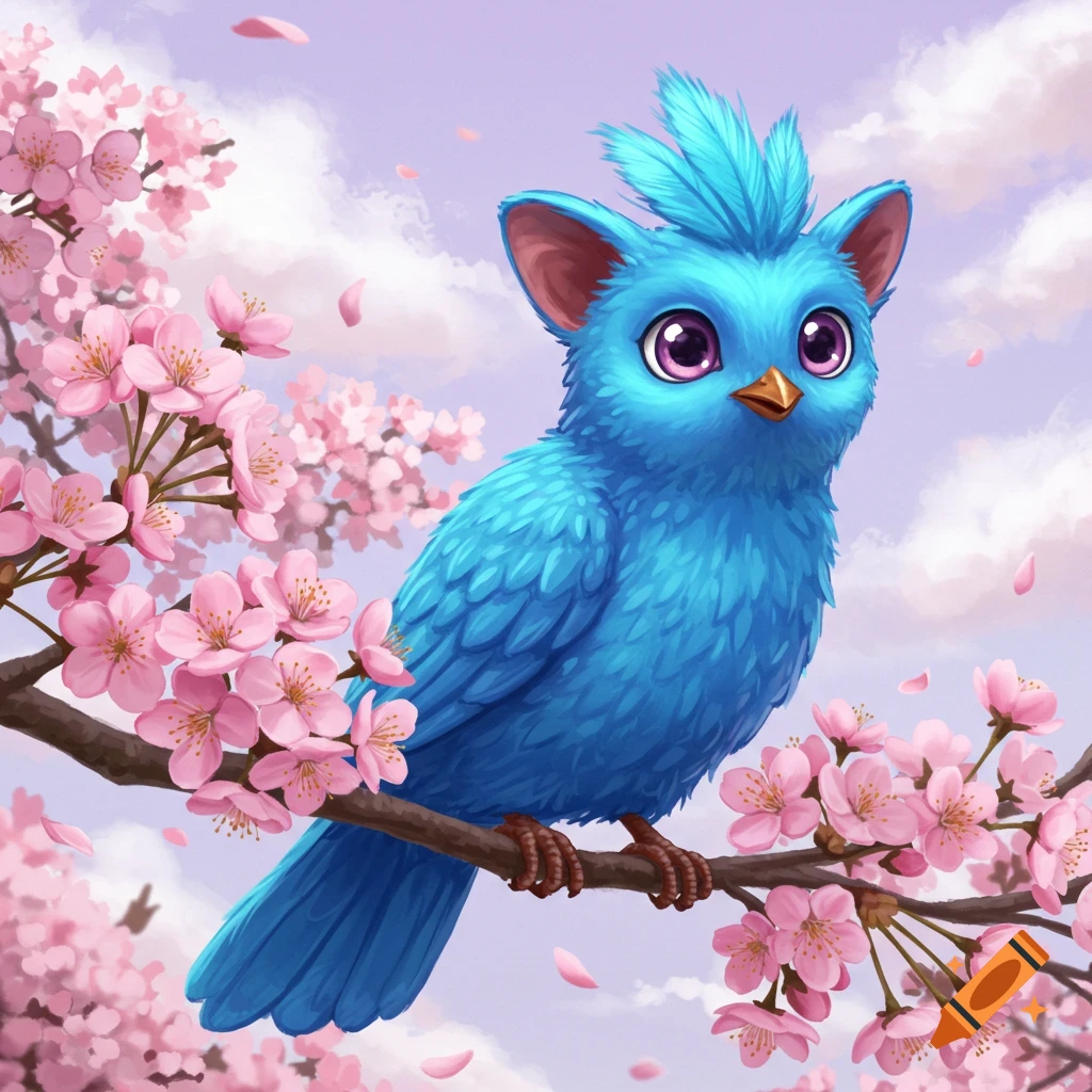A cute blue bird-like creature with large ears perches on a branch of pink cherry blossoms.