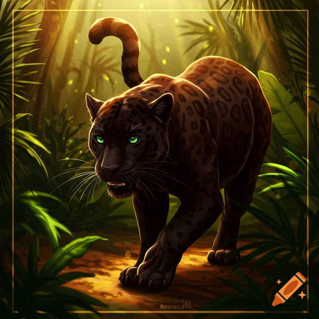 A black jaguar walks through a sunlit jungle.
