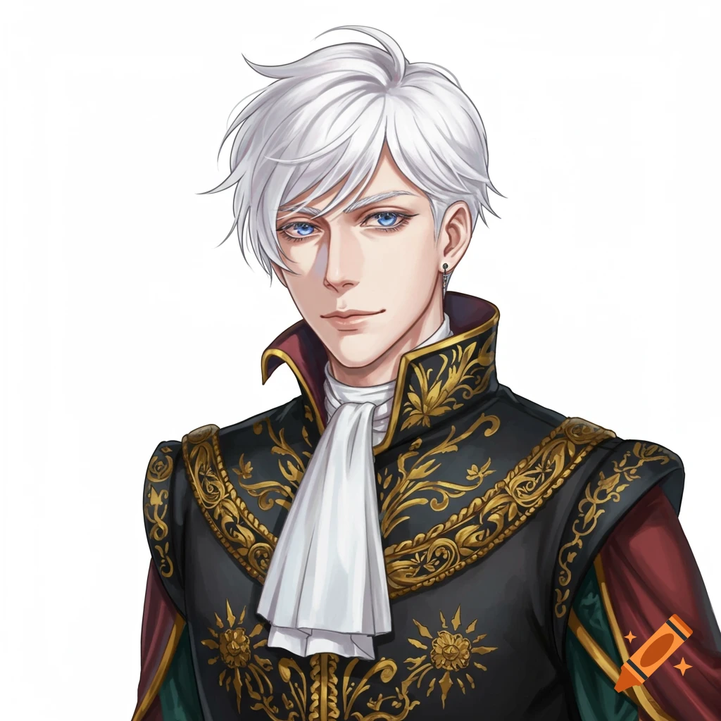 Anime portrait of a man with white hair and blue eyes in elaborate ancient European clothing.