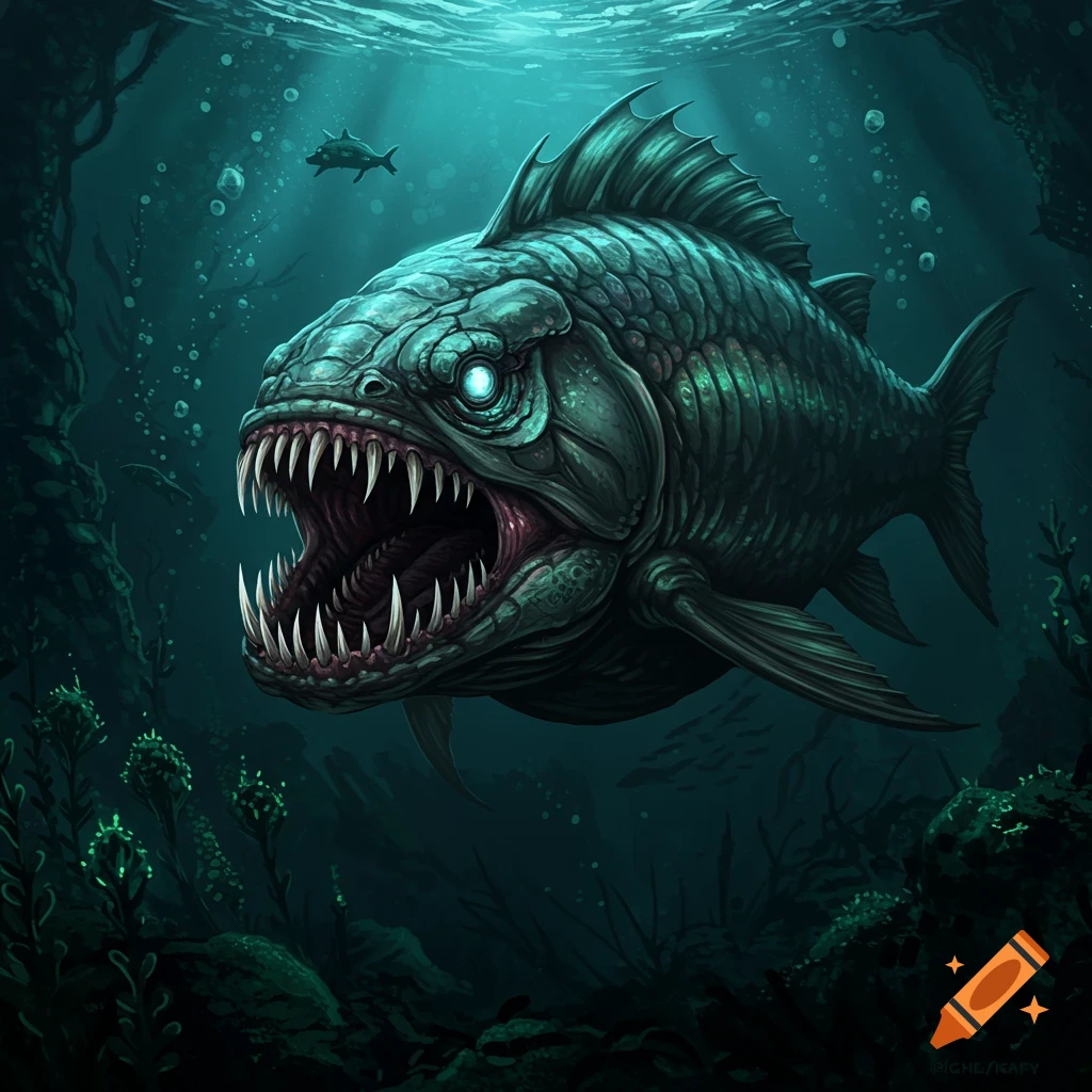 A scary, alien-like fish with sharp teeth swims underwater.