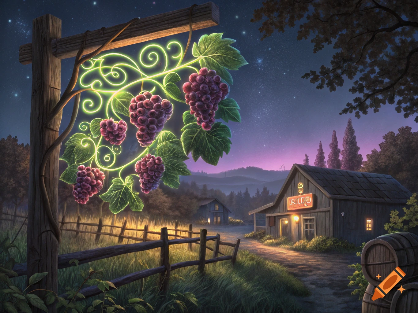 Neon grape sign hangs near a building at night in a rural setting, in the style of Thomas Kinkade.