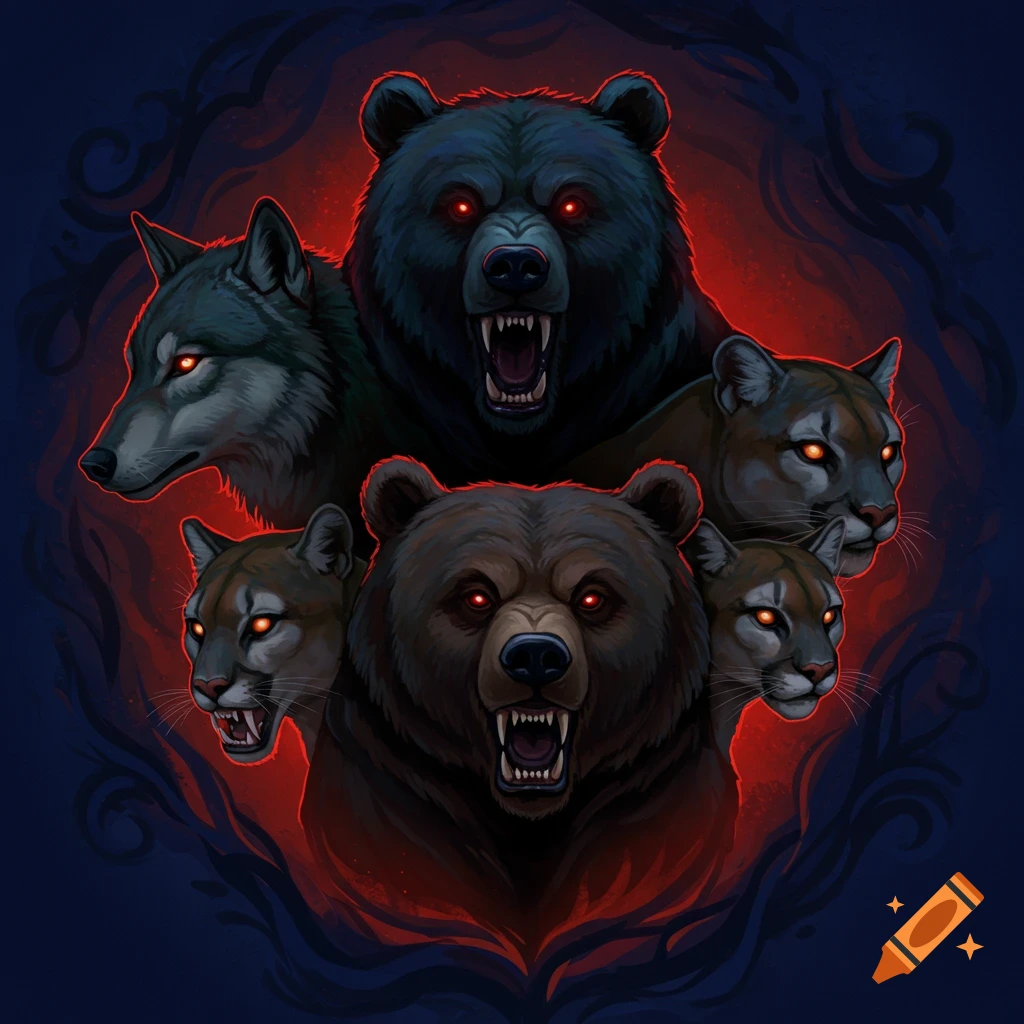 A wolf, two bears, and two cougars with glowing red eyes against a dark background.