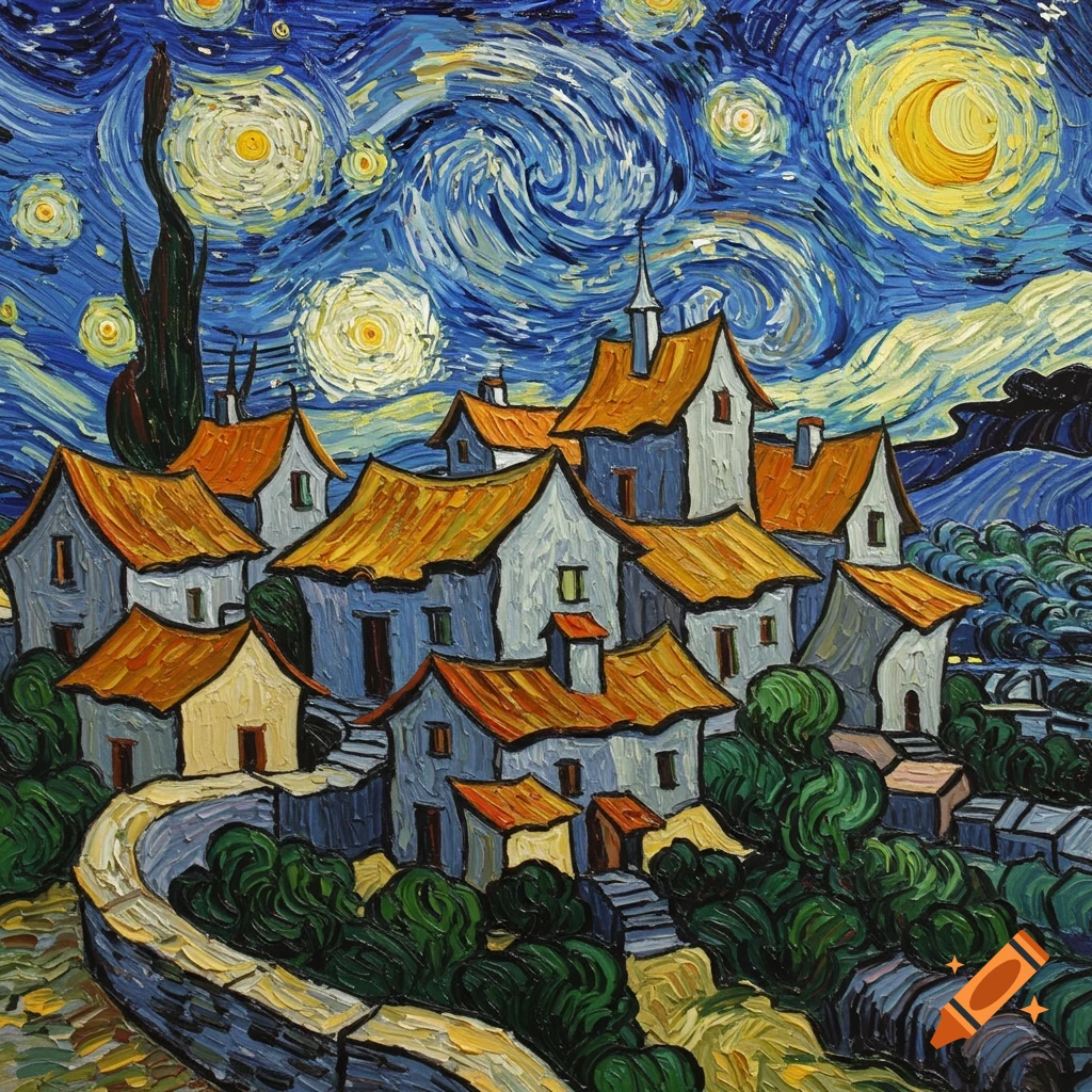 A painting of a village under a swirling starry sky, in the style of Van Gogh.