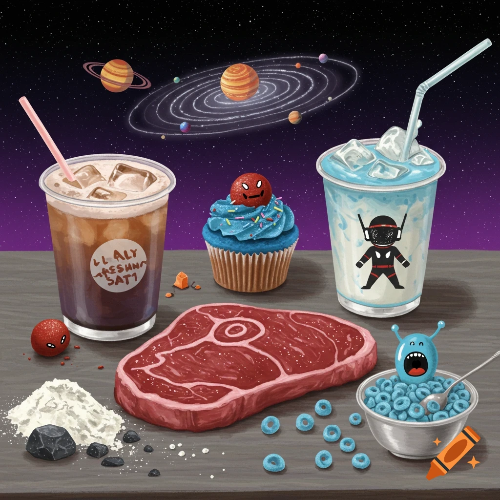 A depiction of surreal food items including steak, coffee, and cereal with monsters against a space background.