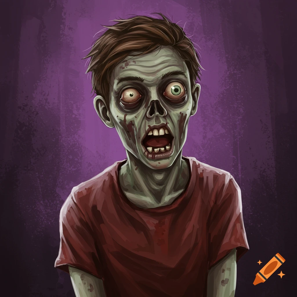 Portrait of a zombie with green skin and open mouth against a purple background.