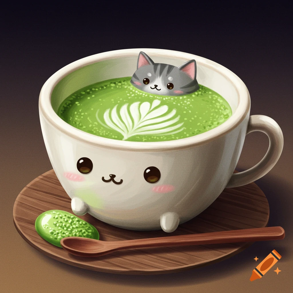 Cute illustration of a grey cat peeking out of a cup of green matcha tea with latte art.