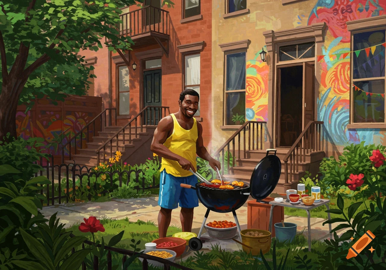 A man barbecuing in an urban backyard with colorful building murals