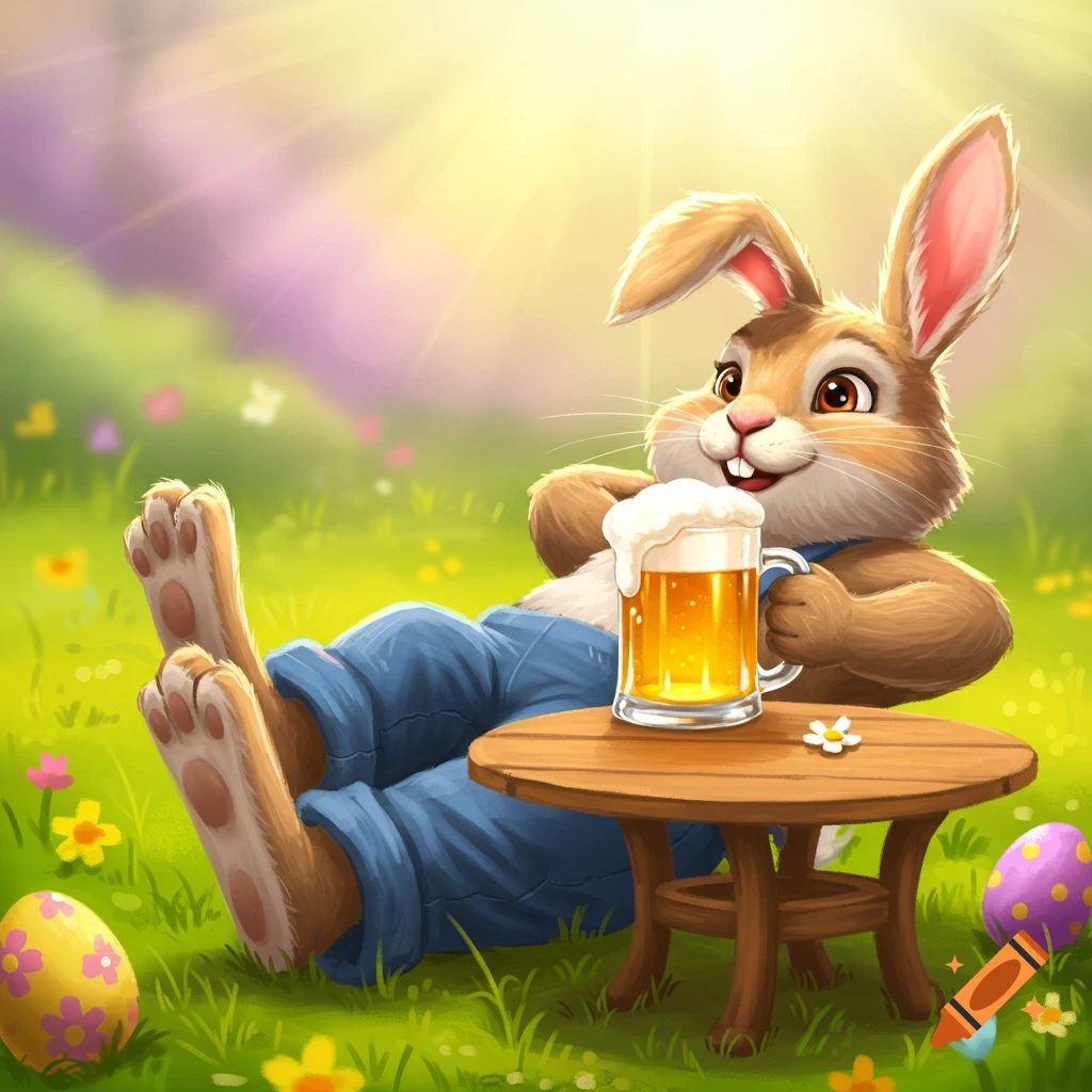 Cartoon Easter bunny relaxing in a meadow with a mug of beer, next to a table and an Easter egg.