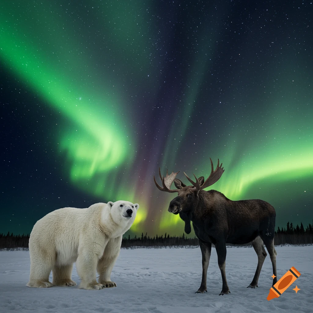 A polar bear and a moose stand under bright green and purple Northern Lights on a snowy landscape.