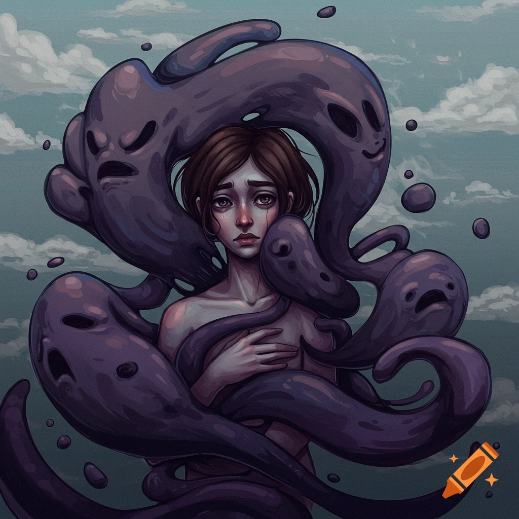 A sad woman surrounded by purple, shadowy figures representing insecurities.