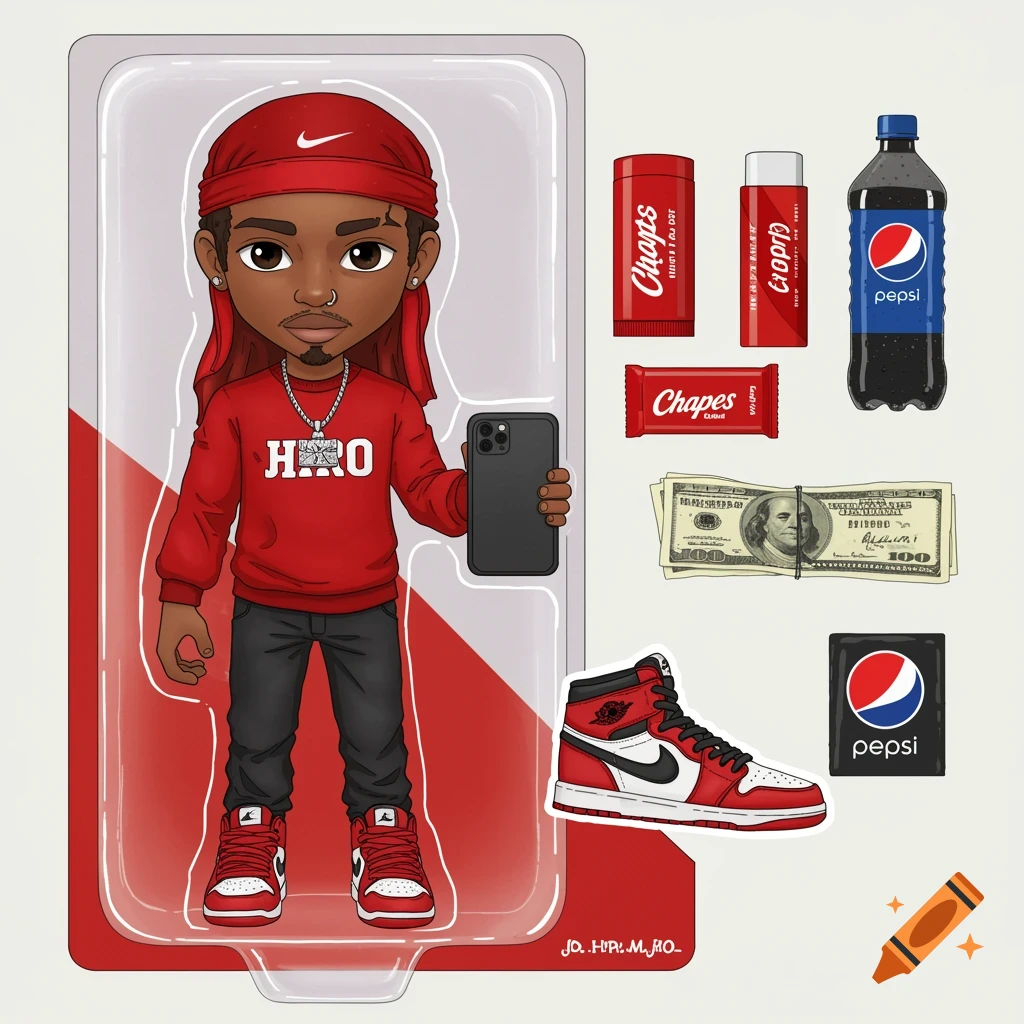 Cartoon action figure in package with red durag, red sweatshirt, black pants, and sneakers, holding a phone, with accessories including soda, lip balm, candy, and money.