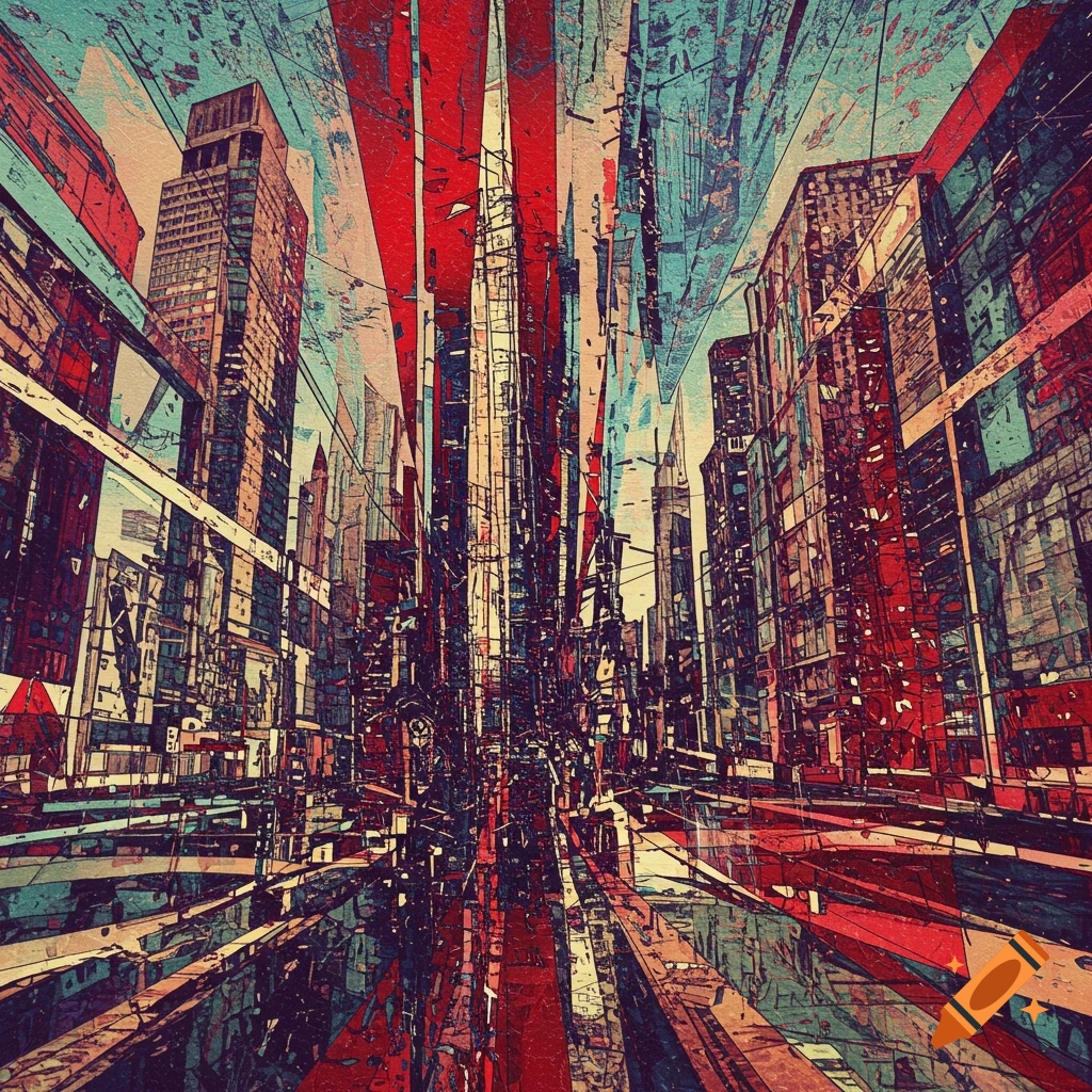 Abstract expressionist cityscape with red and blue tones