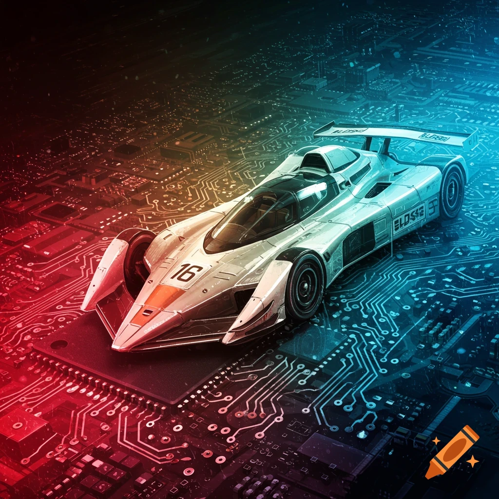 A futuristic race car on a circuit board, with red and blue lighting.