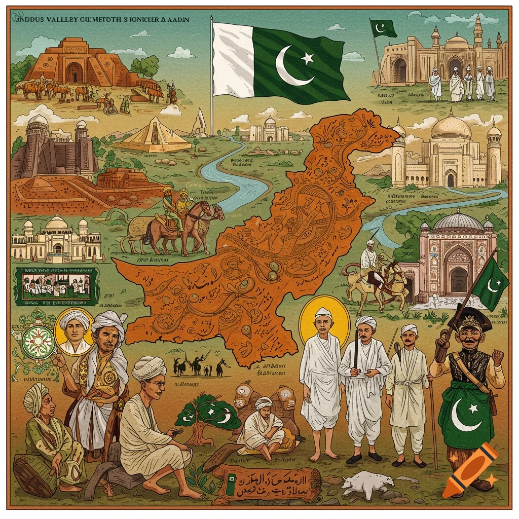 Scenes from Pakistan, including ancient sites, architecture, people, and the Pakistani flag over a map outline.