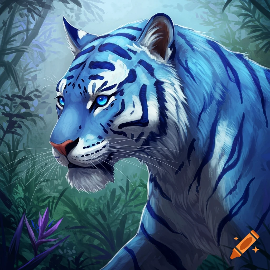A blue tiger with bright blue eyes in a jungle setting.