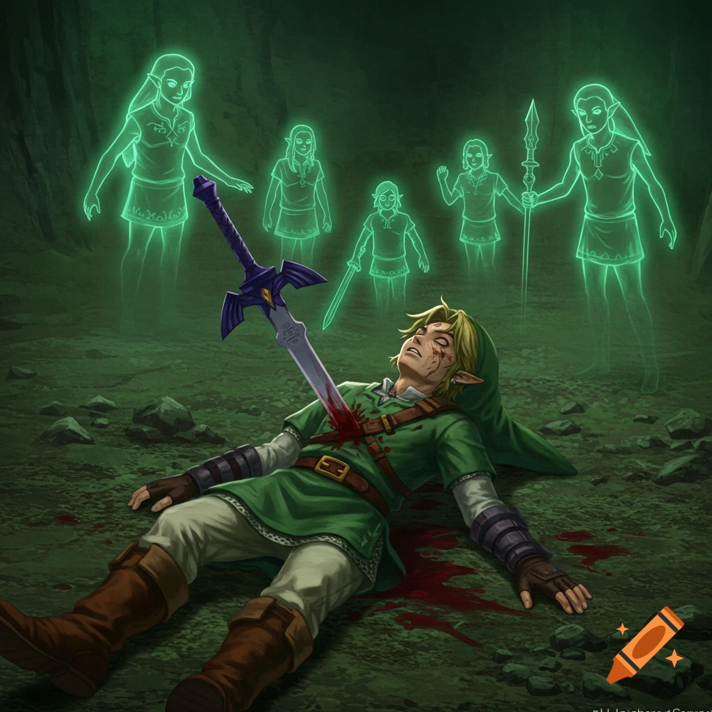 Link lies dying with a sword in his chest while spirits of past heroes watch in a forest clearing. Illustration.