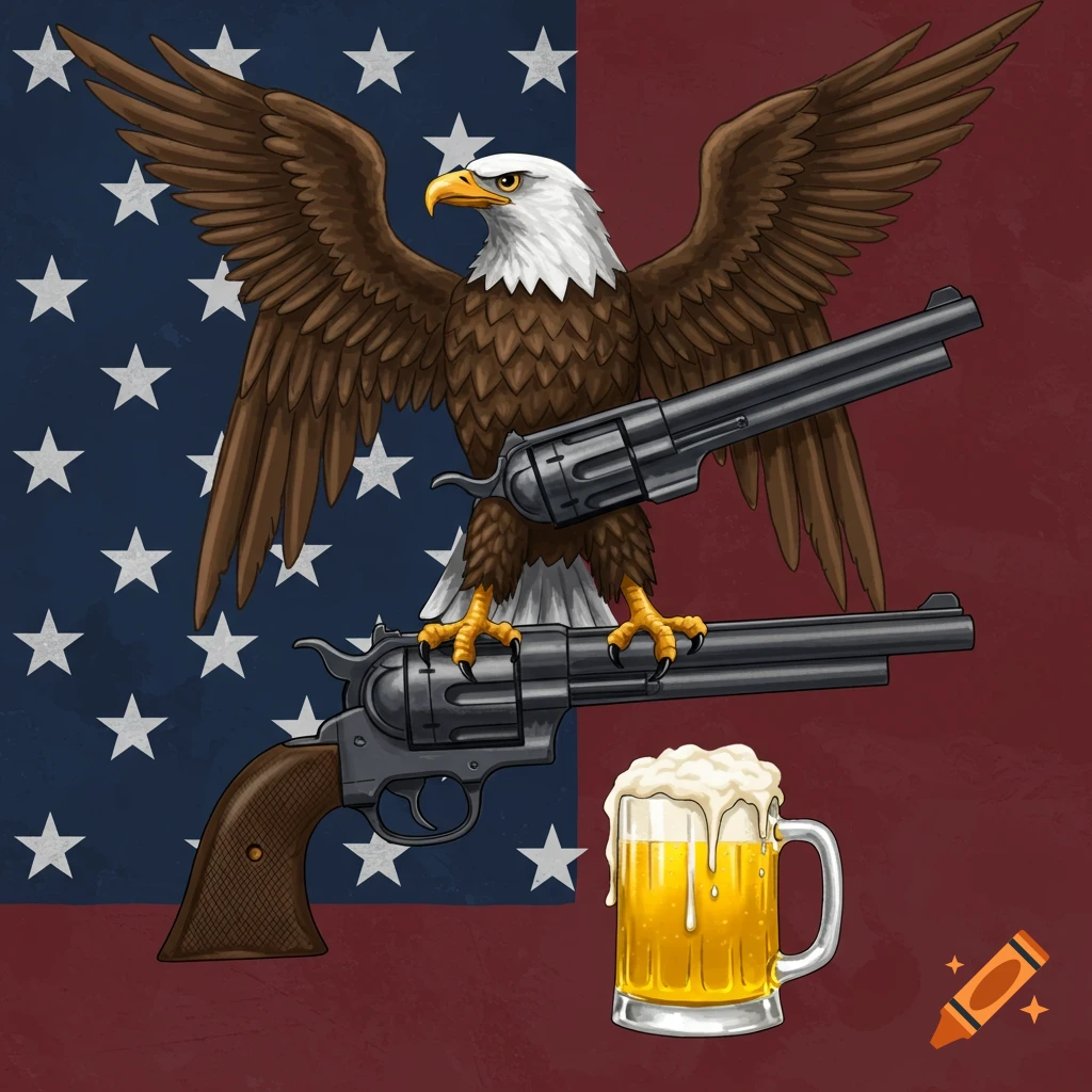 A bald eagle holds a revolver and a beer mug over a US flag background.