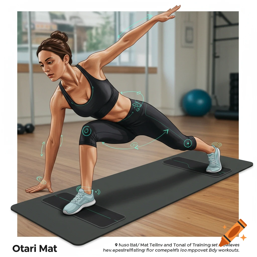 A woman doing a lunge on a mat with pose estimation graphics in a gym.