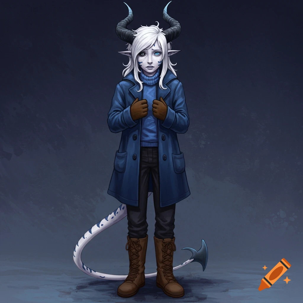 A fantasy character with white hair, horns, and a tail, wearing a blue coat and brown boots.