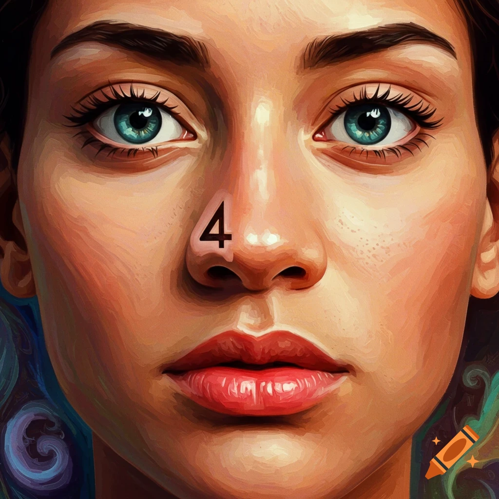 A close-up of a face with the number 4 on the nose.