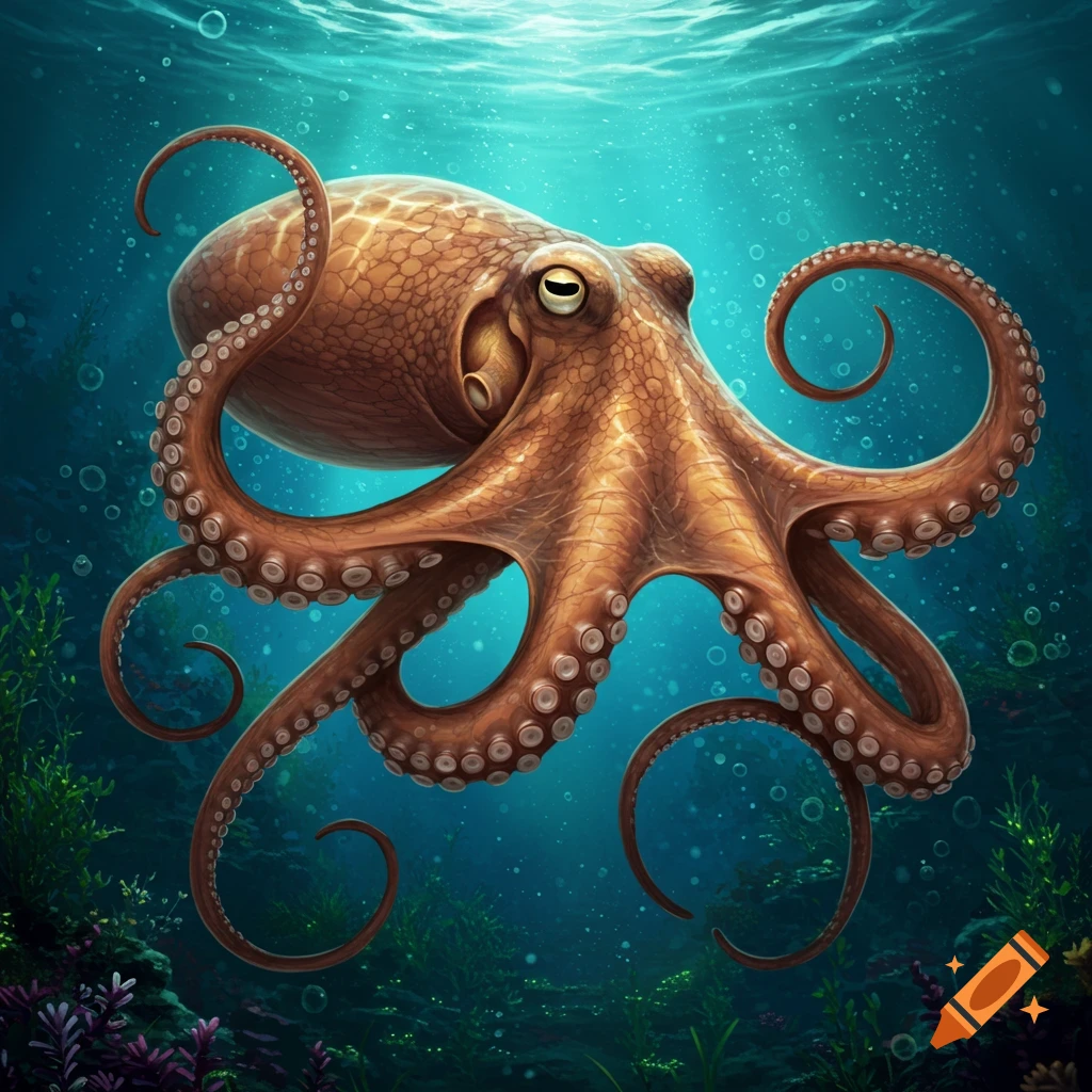 A brown octopus swimming in the ocean.