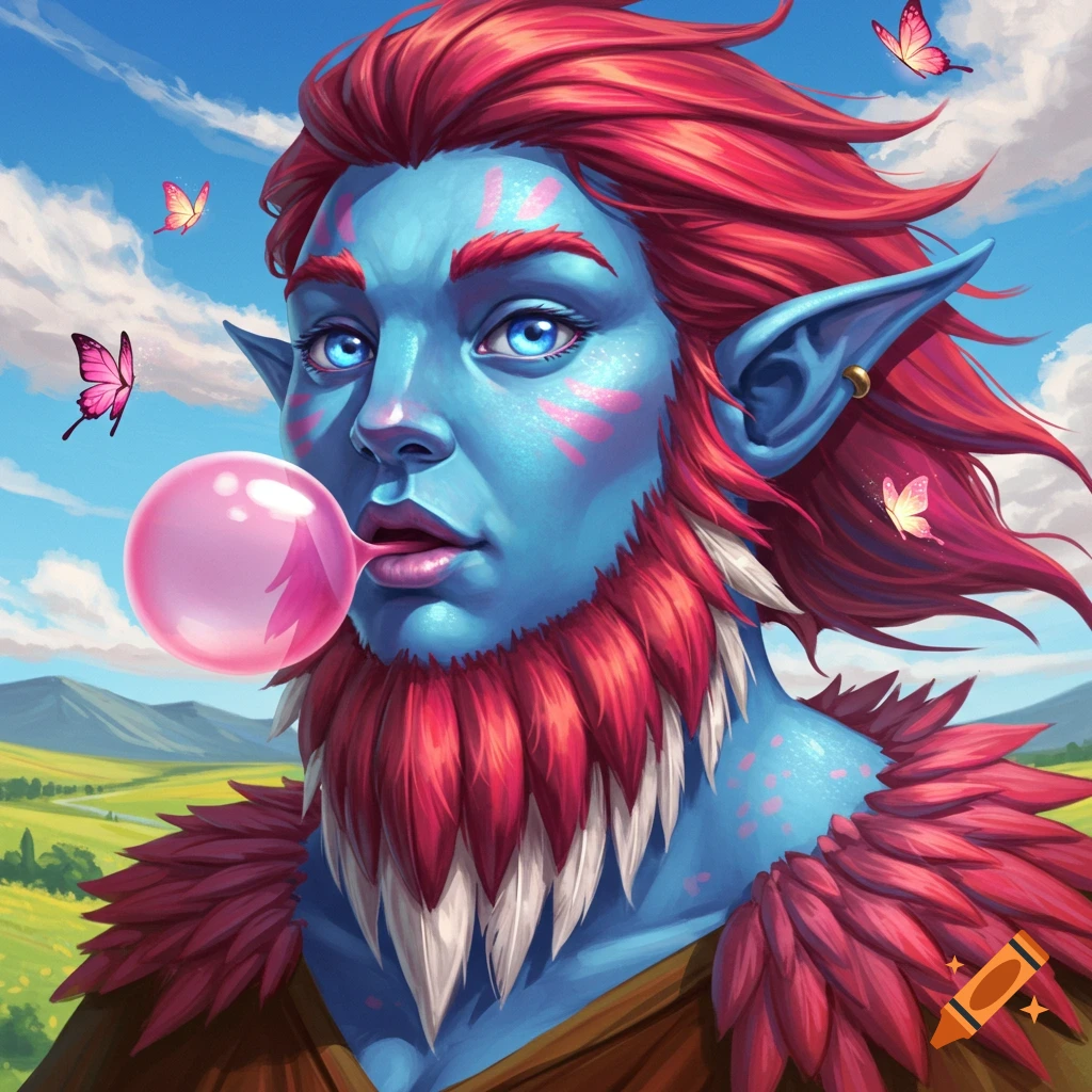 Blue-skinned fantasy creature with red hair and feather beard blowing a pink bubble, with butterflies in a landscape.