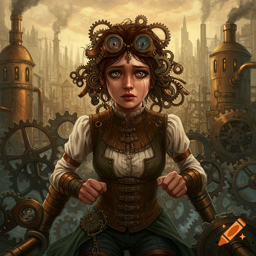 A portrait of a crying woman in steampunk goggles and attire amidst industrial gears and smokestacks.