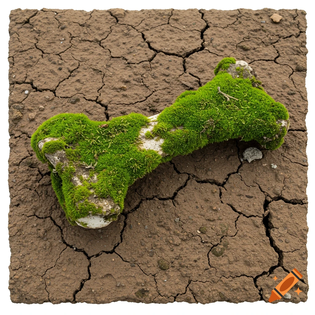 A moss-covered bone lies on cracked brown earth.