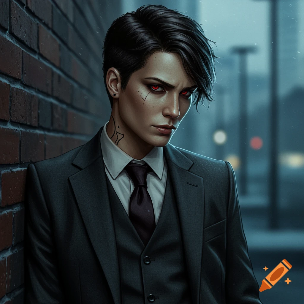 A person with red eyes and a suit leans against a brick wall in a dark urban setting.