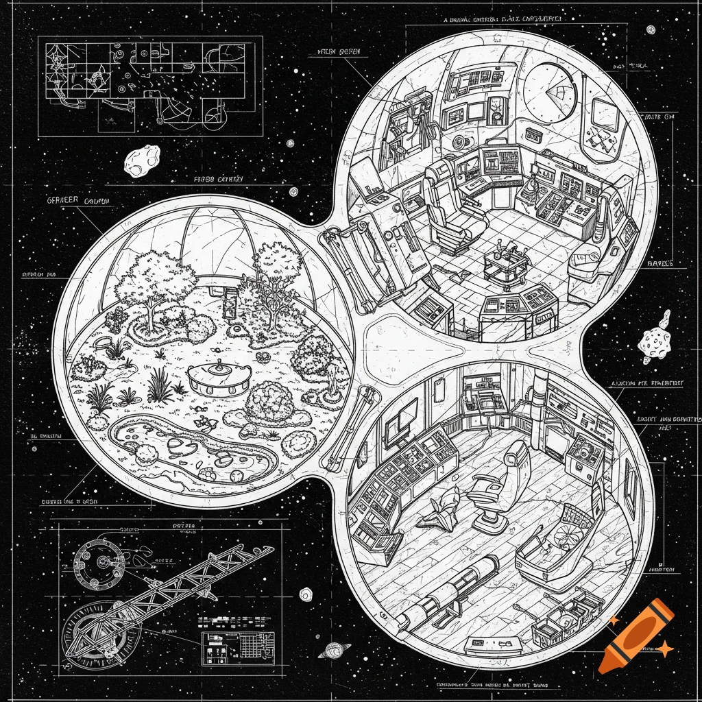 A blueprint-style drawing of a space station showing a control room and a garden dome, against a starfield.