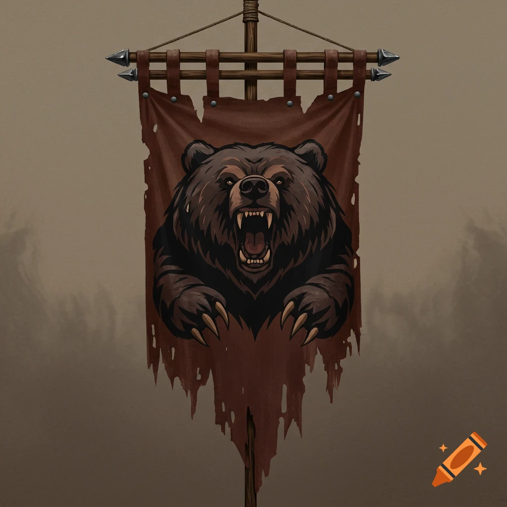 A stylized bear logo on a tattered brown war banner attached to a wooden pole.