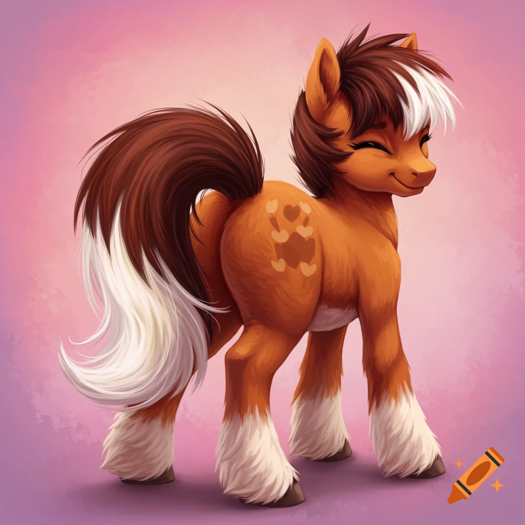 A brown and white cartoon pony stands against a pink background.