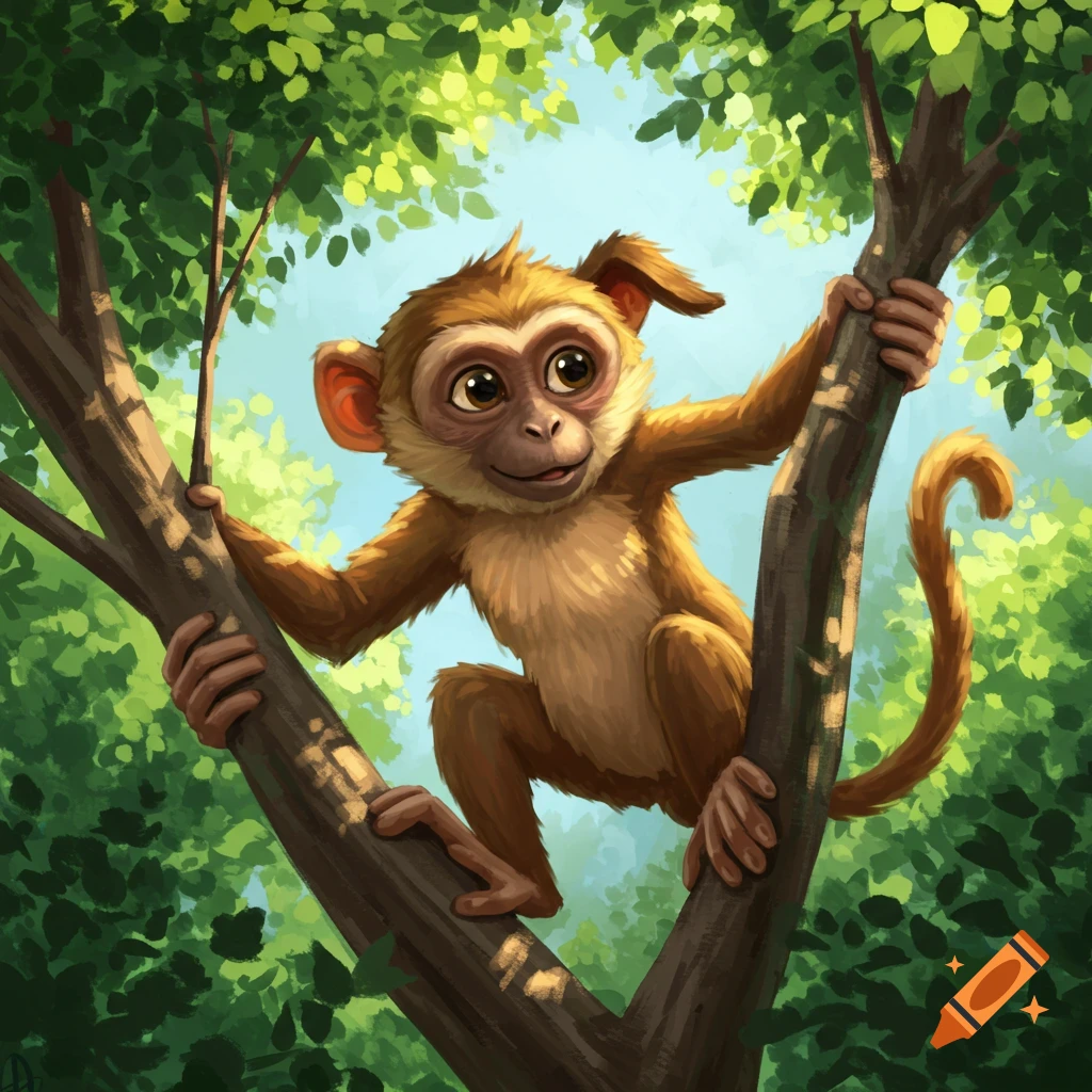 A cute monkey-dog hybrid climbs a tree branch.