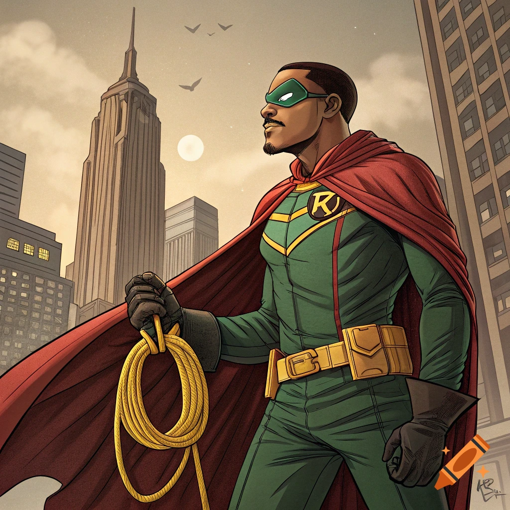 Comic book illustration of a man in a Robin costume standing in a city holding a rope.
