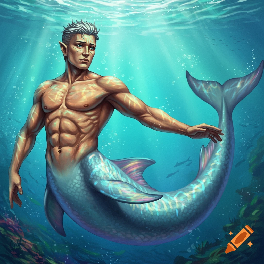 A merman swimming underwater.