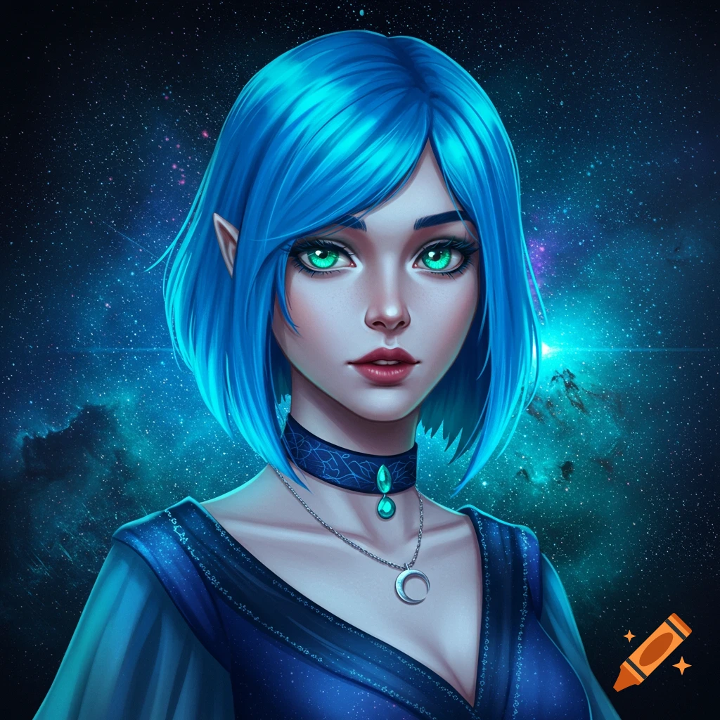 A portrait of a female character with short blue hair, green eyes, and blue dress against a starry space background.
