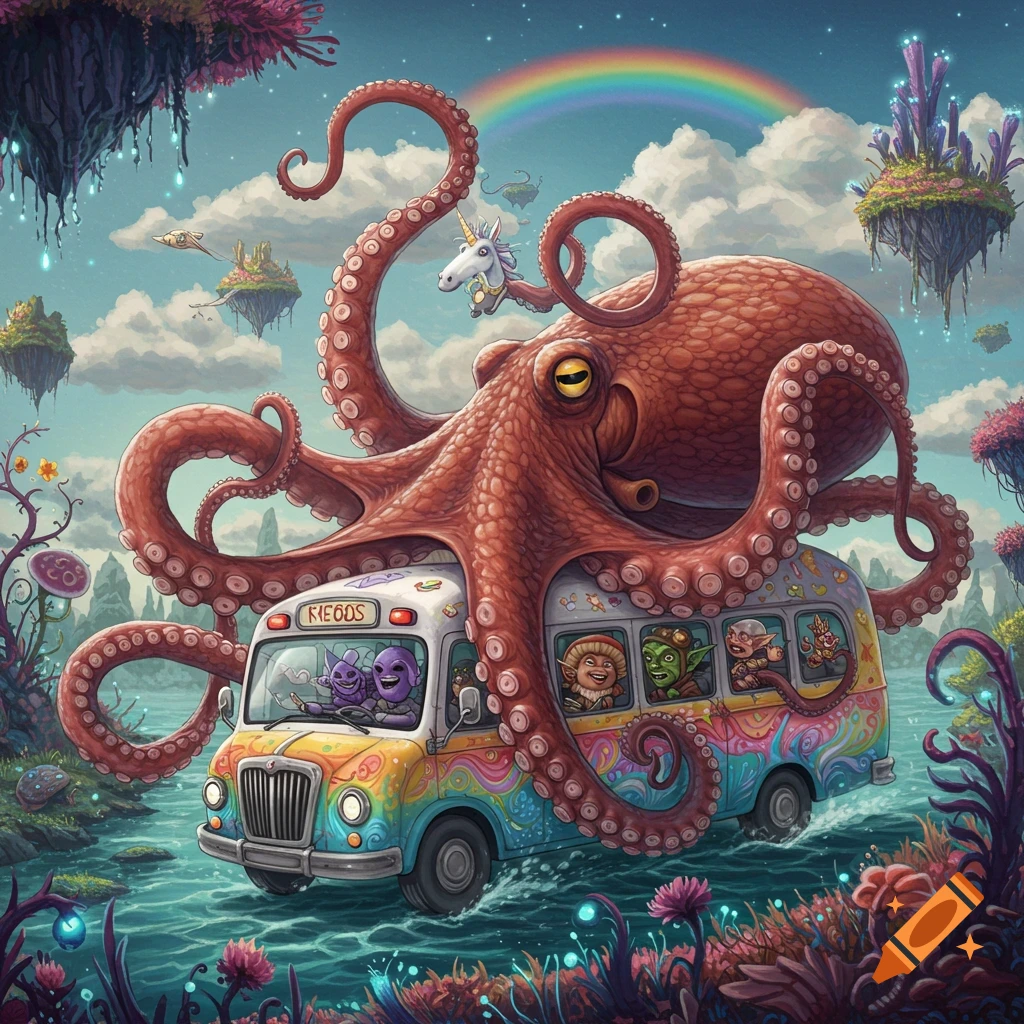 Giant octopus driving a colorful bus with creatures through a fantasy landscape with floating islands.